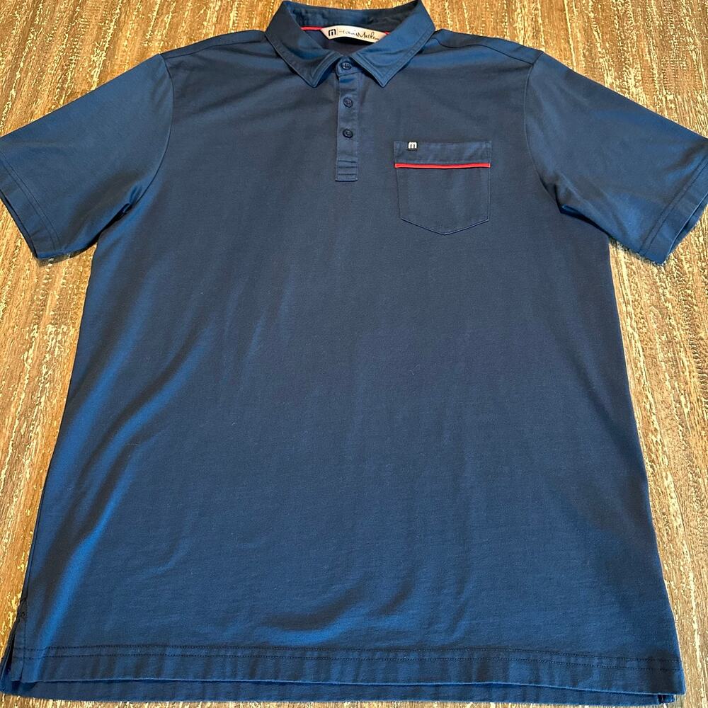Travis Mathew Golf Polo Shirt Pima Cotton Polyester Peru Navy Red Men’s Size L